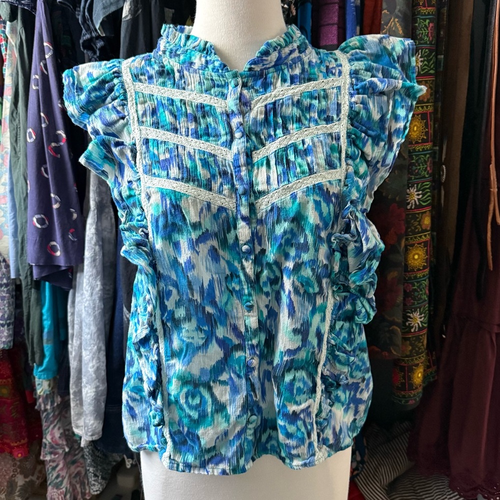 Blue Ruffled Blouse with Mandarin Collar